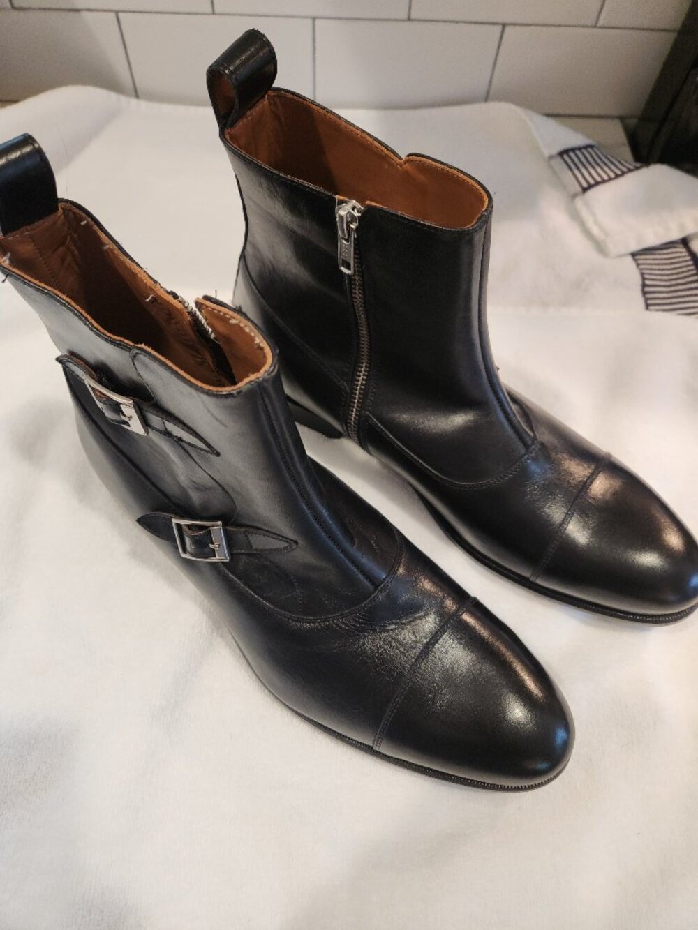 Nettleton Handcrafted Black Leather Double Monk Strap Zip Boots 10 New